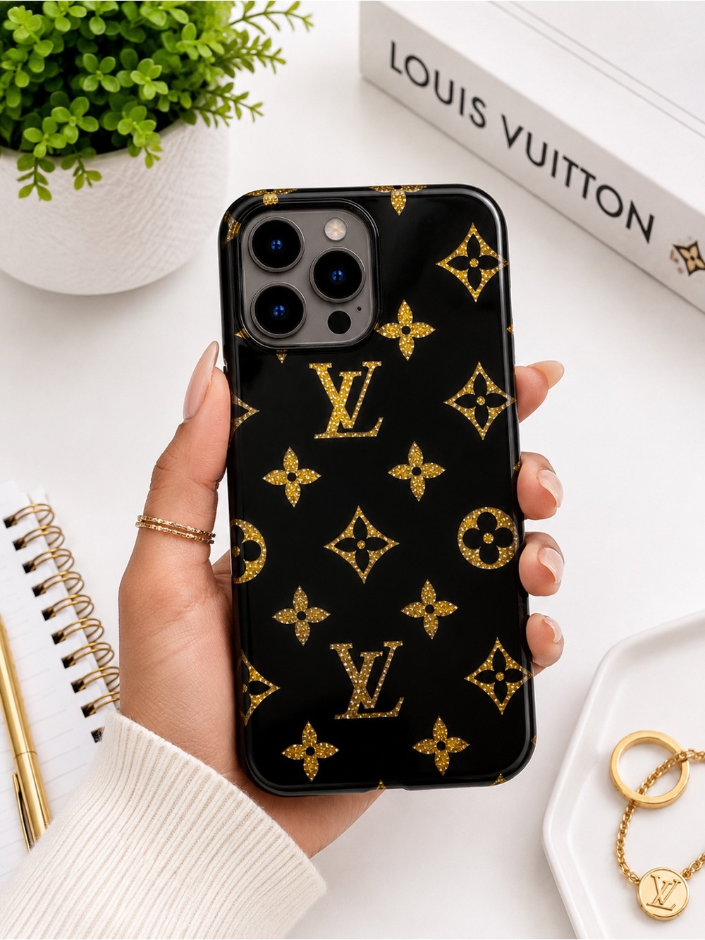 Louis Vuitton Black and Gold Monogram Phone Case